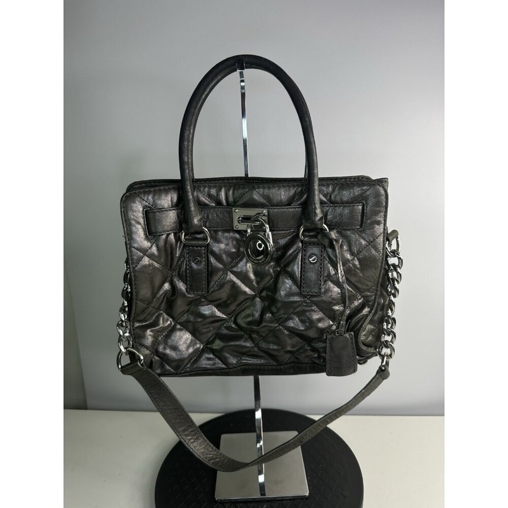 Michael Kors Hamilton Quilted Gun Metal Leather Small Tote Shoulder Bag